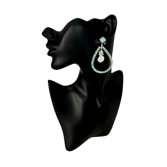 NEW Statement Chandelier Earrings Beaded Natural Amazonite Fresh Water Pearl 18K - Picture 9 of 12